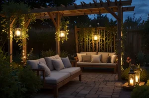 ogród nocą oświetlony lampkami